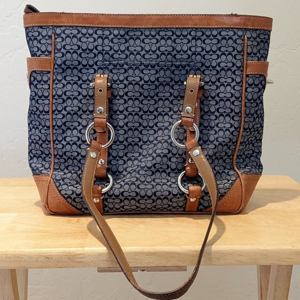 Coach Signature navy blue canvas and brown leather tote